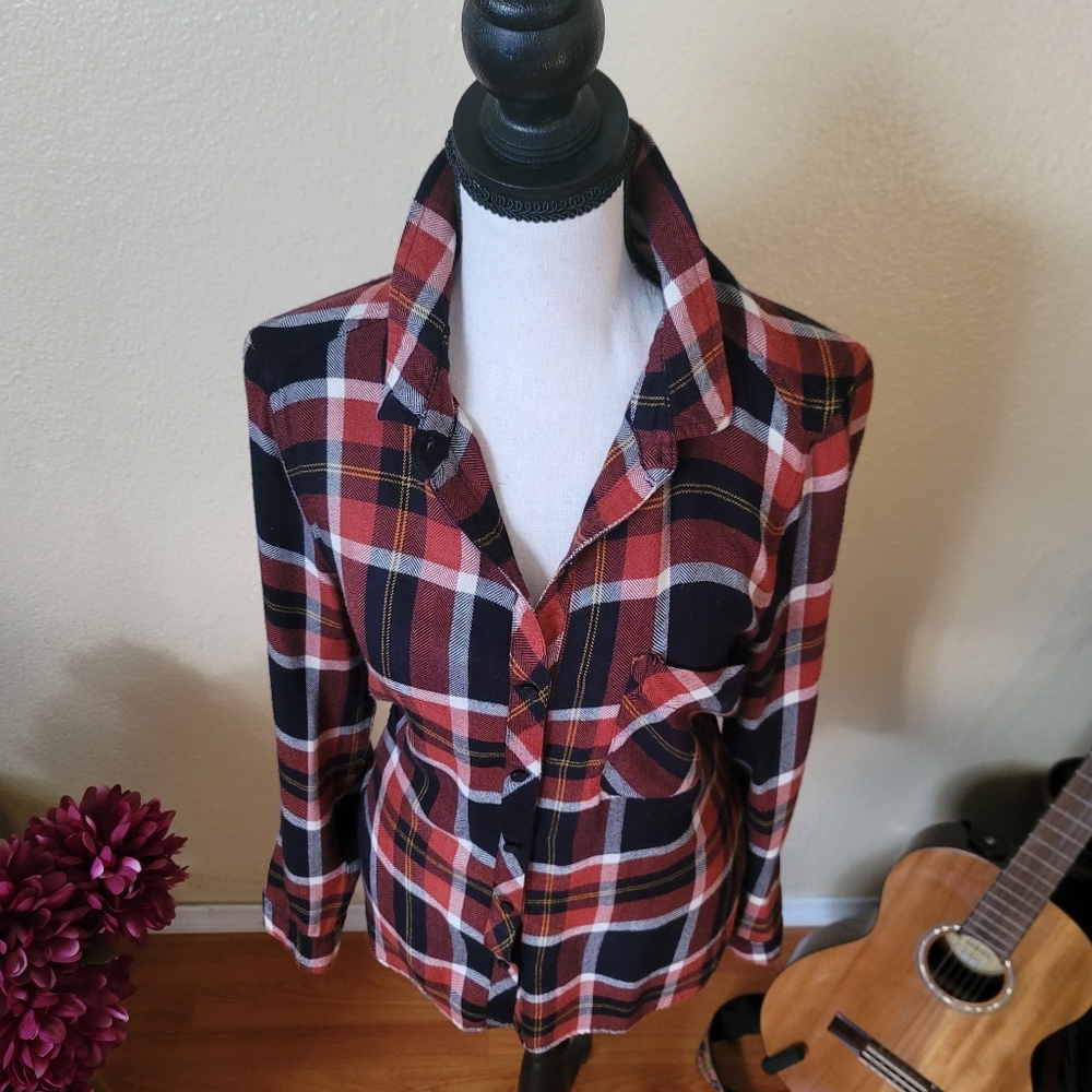 Fall Plaid Button Down Shirt - Orange, Black, White Size Medium Thanksgiving - Picture 4 of 9